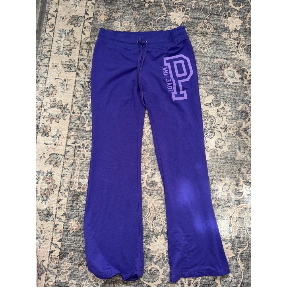 Vintage Victorias Secret Pink Cotton Flare Pants Logo Blue Drawstring Waist